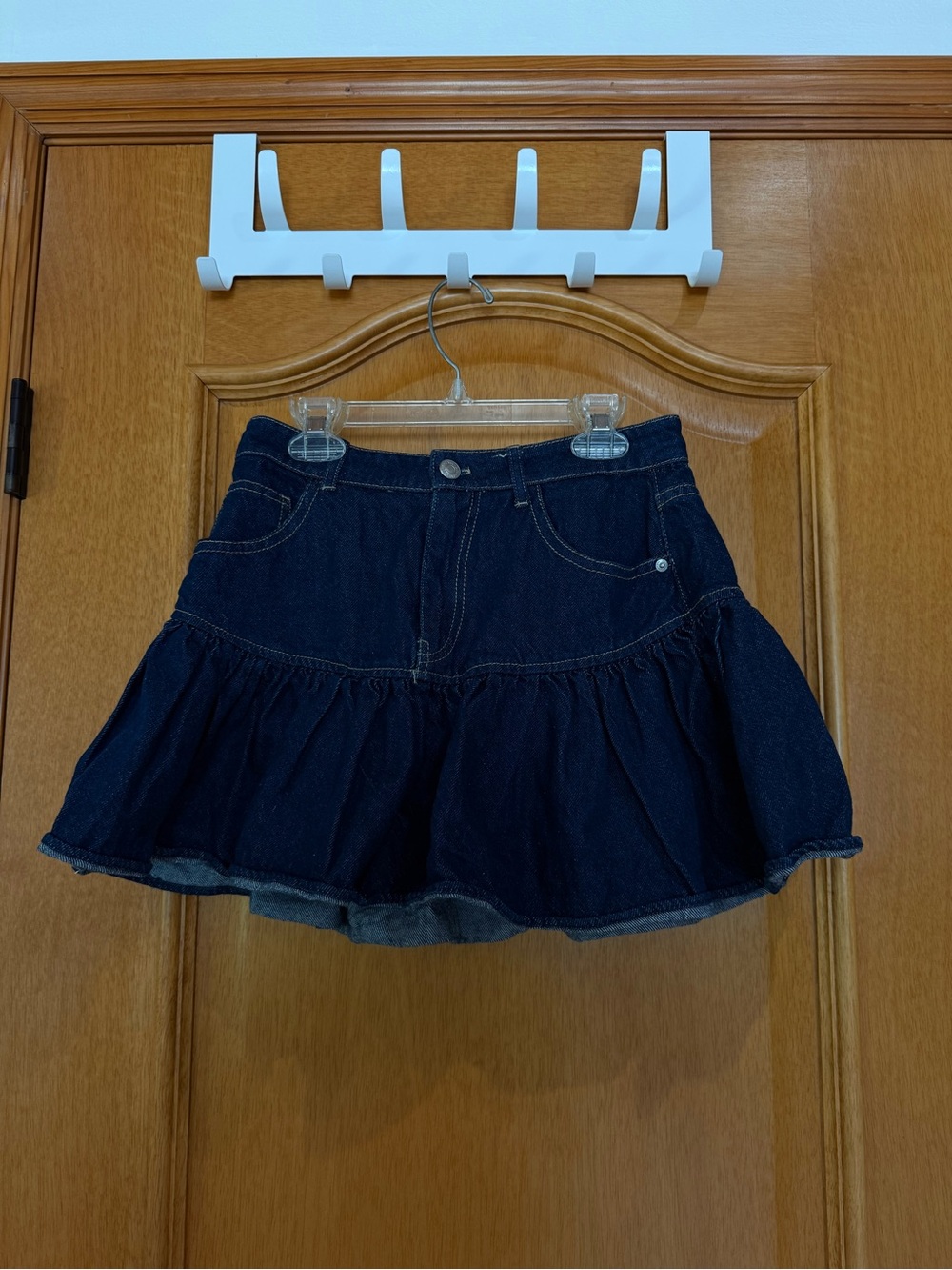 Zara Dark Blue Denim Ruffle Hem Skater Mini Skirt